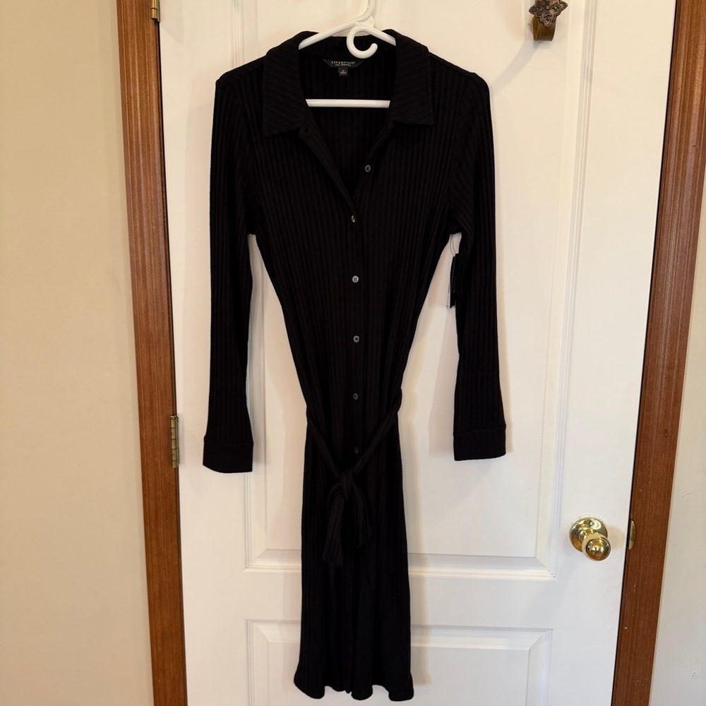 Liverpool NWT! Ladies Medium Long Sleeve Ribbed & Belted Black Dress